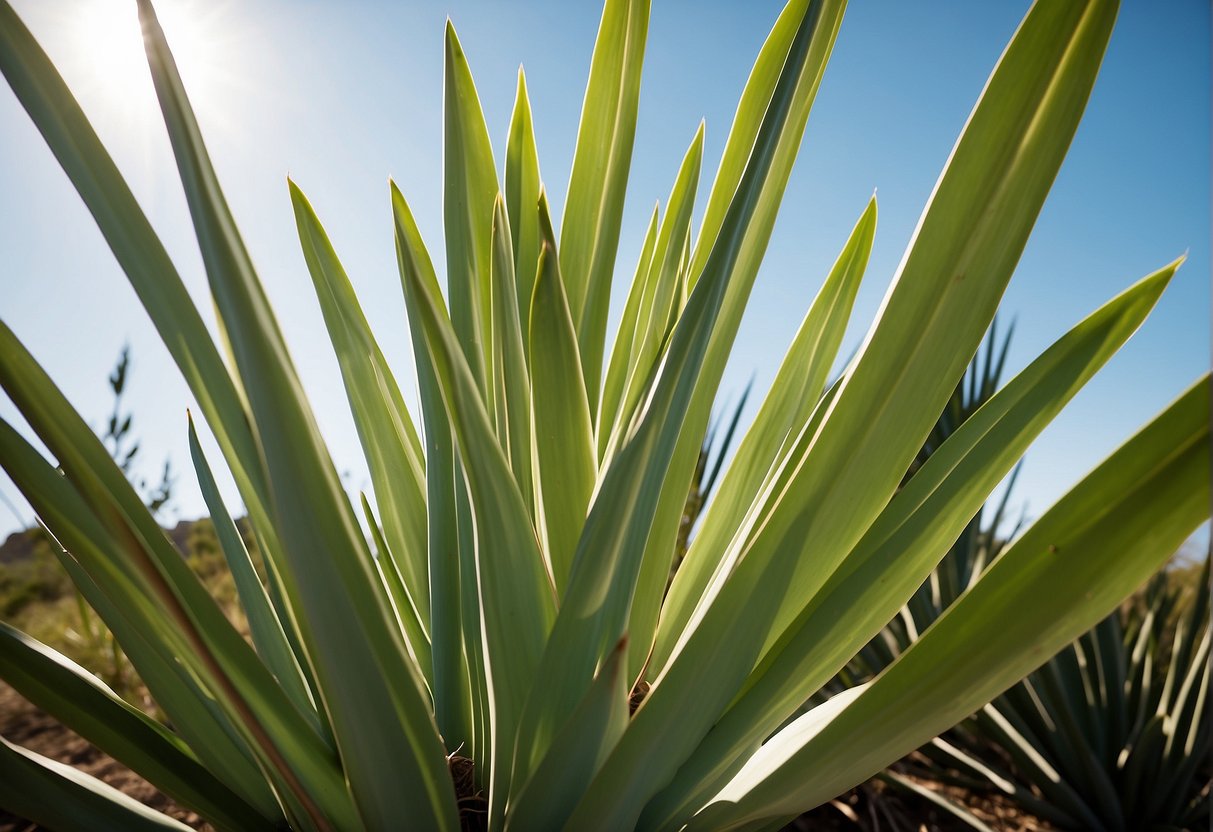 A yucca plant basks in the sunlight, its long, sword-like leaves reaching towards the sky. The vibrant green foliage stands out against the bright backdrop, showcasing the plant's need for ample sunlight