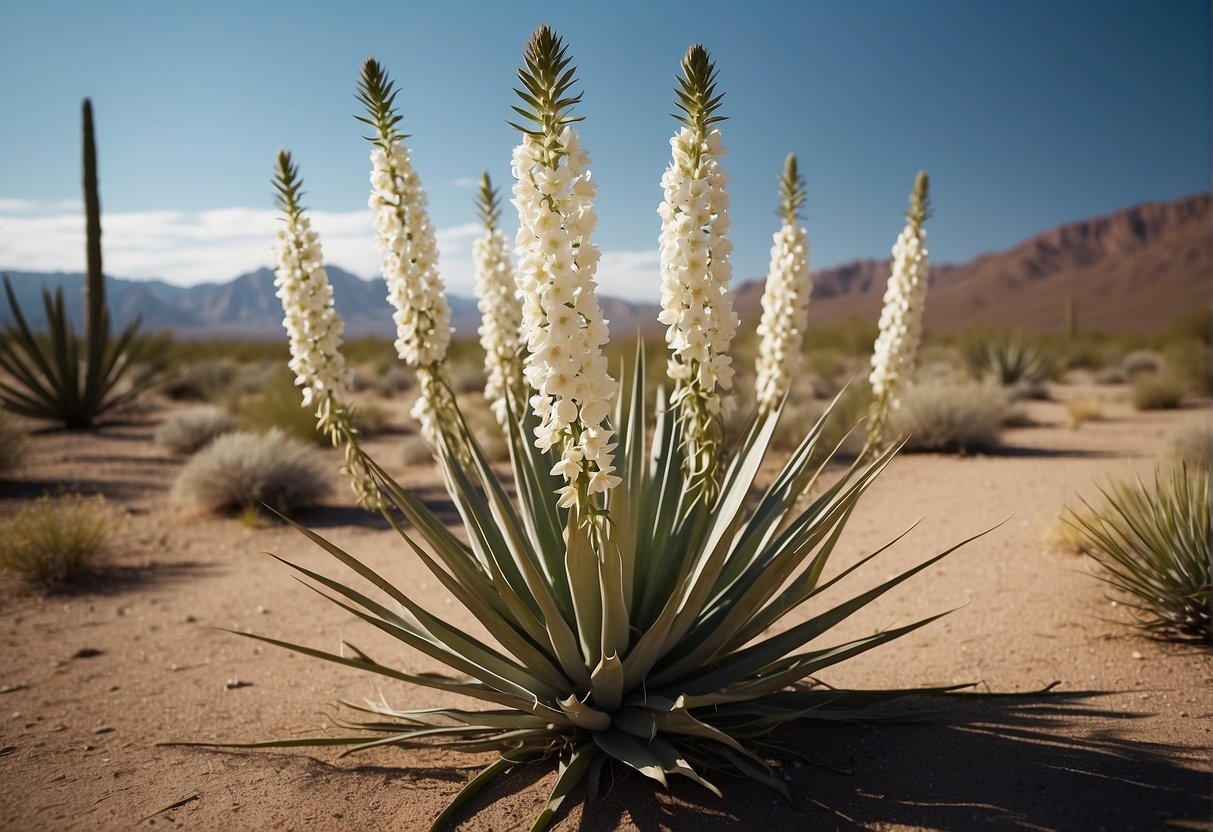 A yucca plant blooms with tall white flowers in a desert landscape