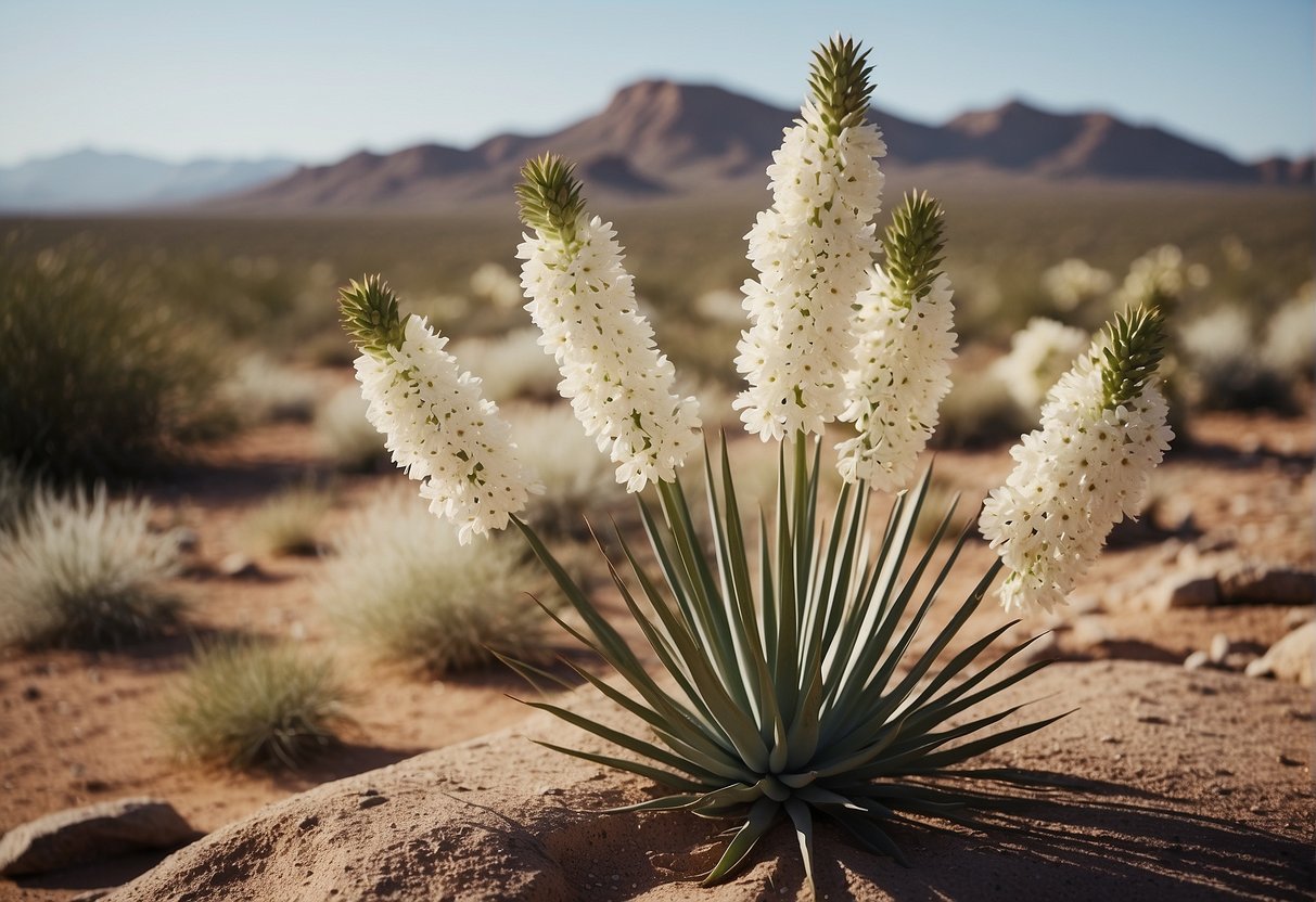 Blooming yuccas stand tall in a desert landscape, surrounded by rocky terrain and sparse vegetation. The vibrant white flowers contrast against the arid backdrop