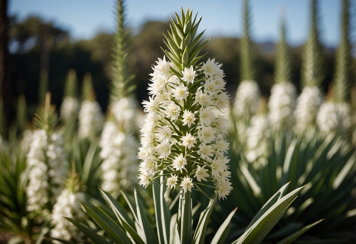 A yucca plant in full bloom, with tall stalks of white flowers standing out against the green leaves
