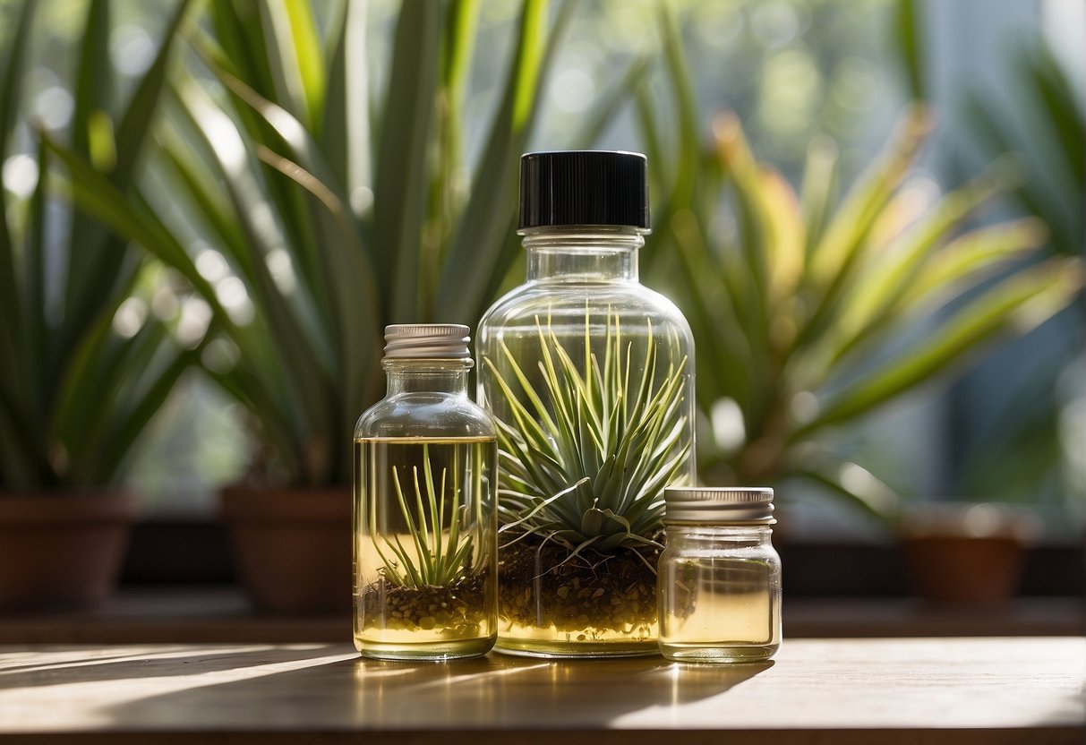Yucca extract nourishes plants, improving growth and resilience. A bottle of yucca extract sits next to healthy, vibrant plants in a sunlit greenhouse