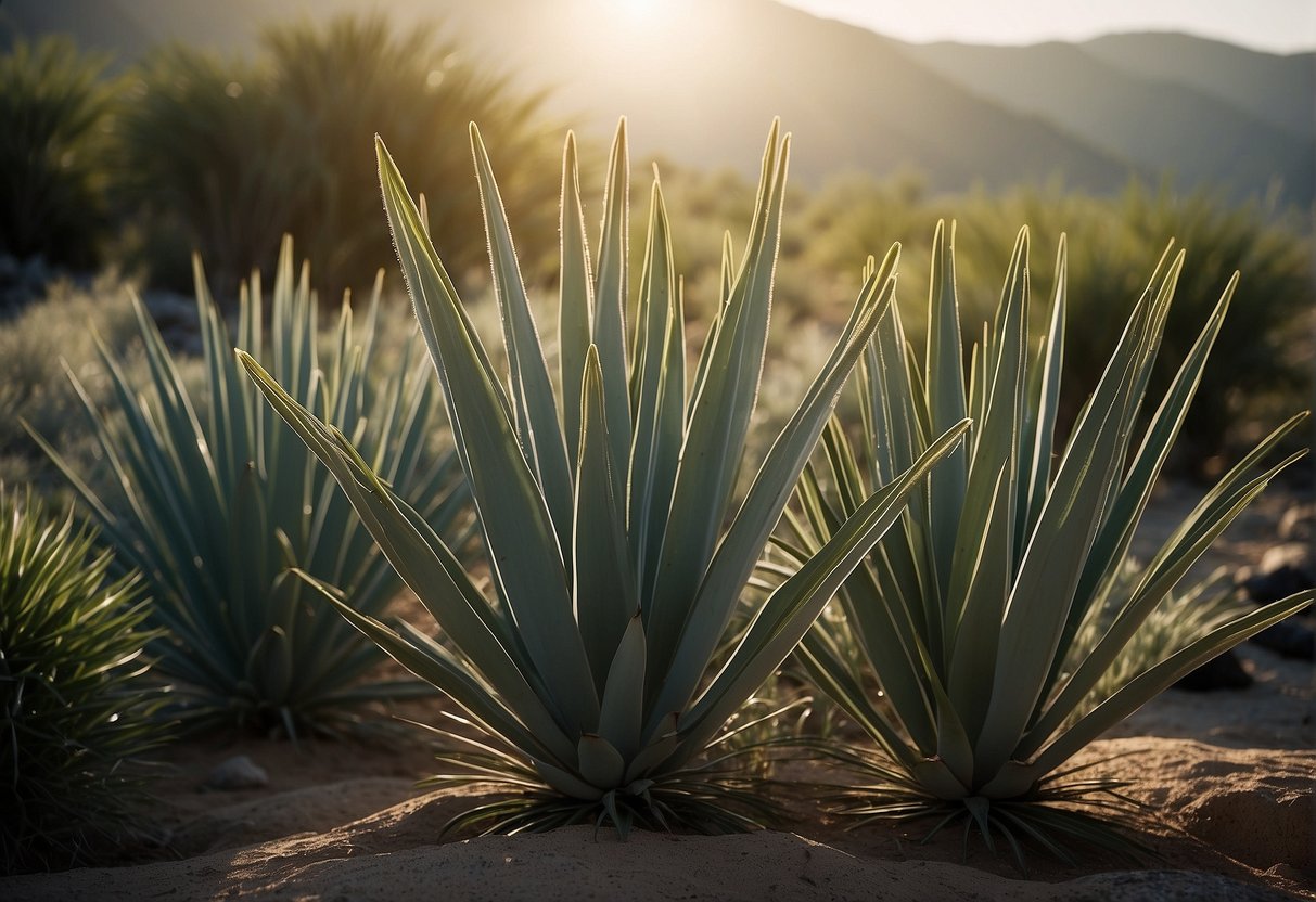 Yucca plants grow tall and sturdy, with long, sword-shaped leaves shooting out from a central stem. The leaves are often clustered at the top, creating a striking and distinctive silhouette