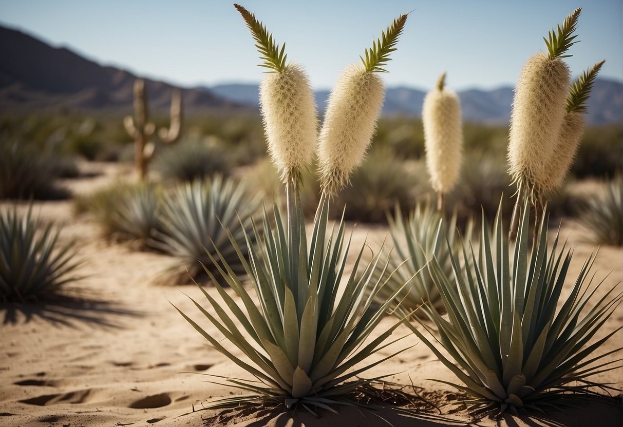Yucca plants grow tall in sandy soil, with long, sword-shaped leaves. They thrive in sunny, arid climates and require minimal watering