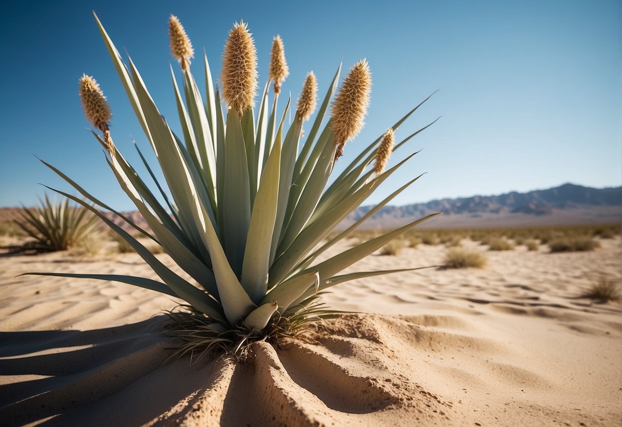 A yucca plant grows tall in arid desert soil, its long, sword-like leaves reaching towards the sky. The plant is surrounded by rocks and sand, with a clear blue sky above