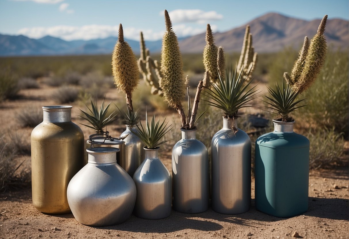 A landscape with dead yucca plants surrounded by chemical containers and equipment