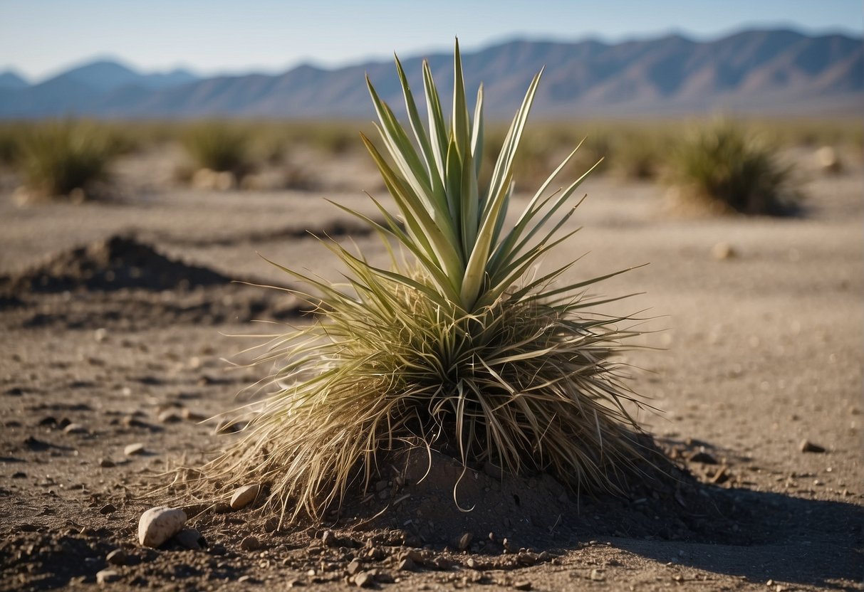 A yucca plant being uprooted and disposed of in a trash bag