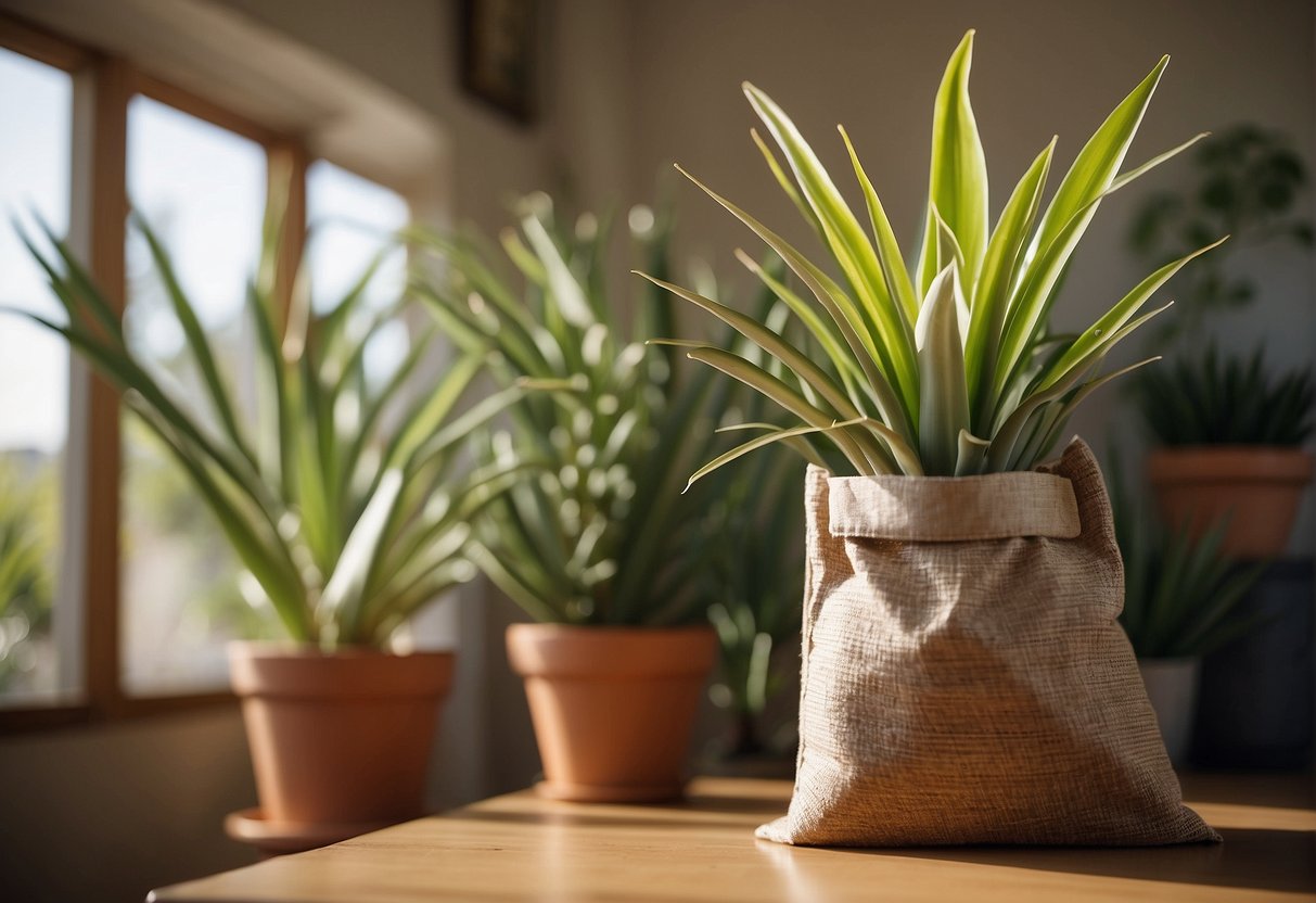A bag of well-draining soil sits next to a healthy yucca plant in a sunny room. The plant thrives in the nutrient-rich soil, surrounded by other potted plants