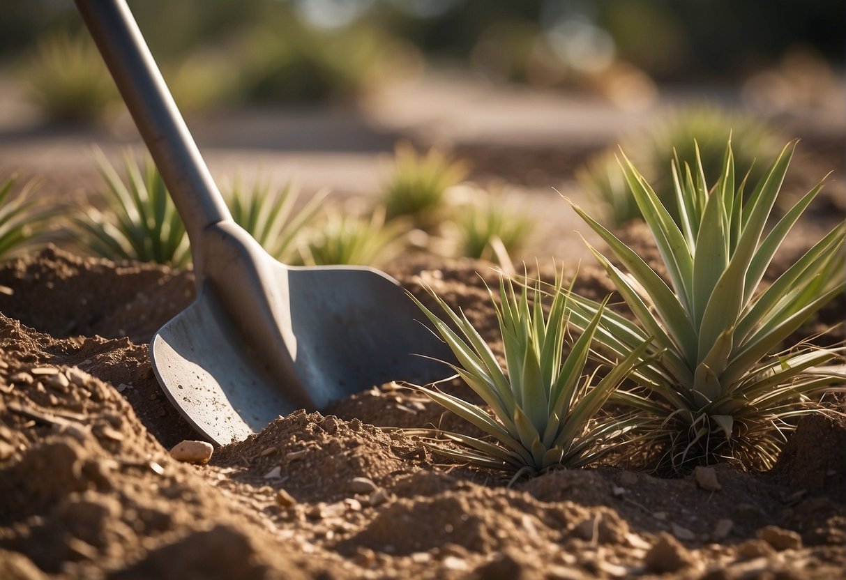 A shovel breaks ground around a cluster of yucca plants. Roots are carefully exposed and lifted from the soil