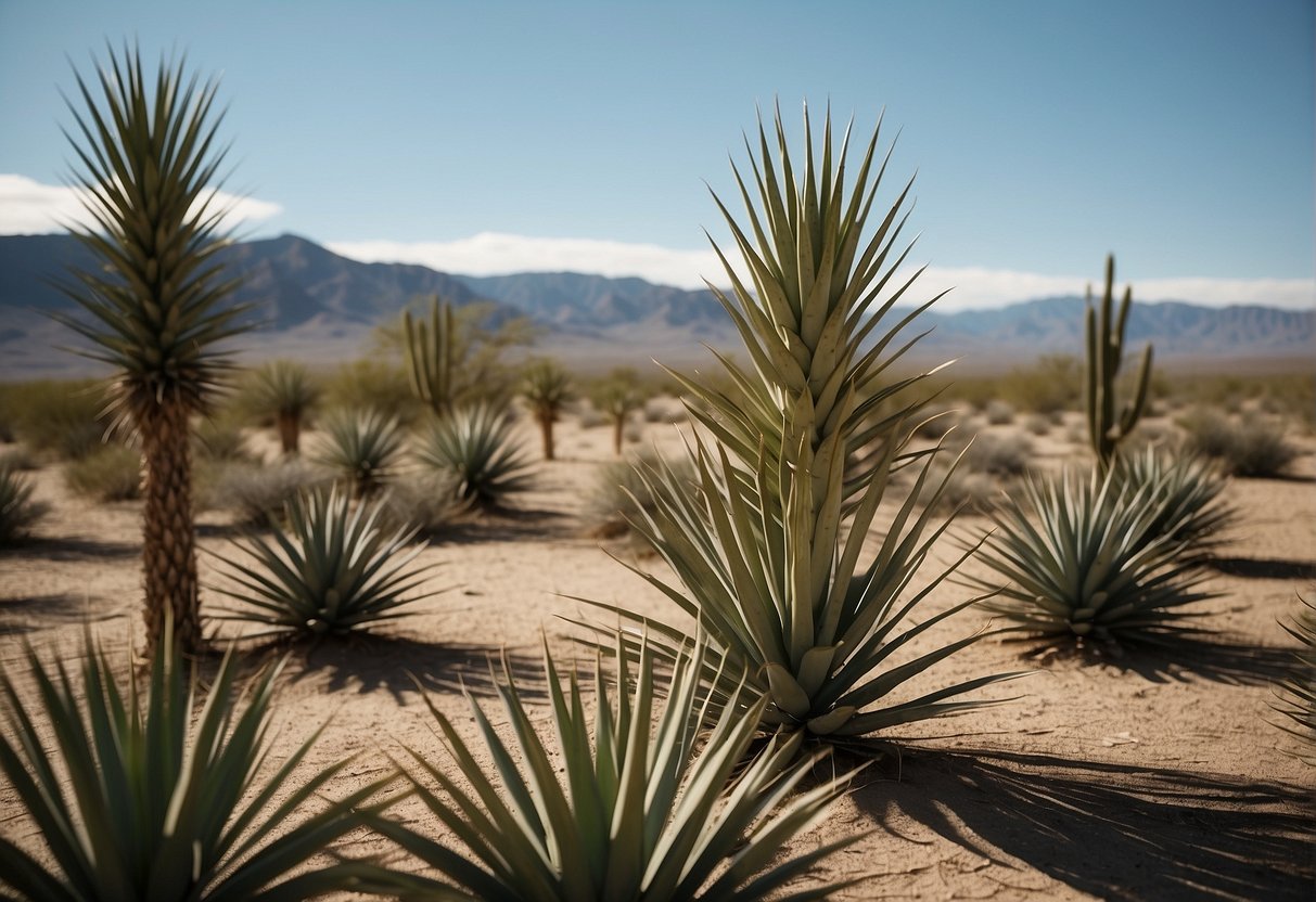 Yucca plants thrive in arid deserts of North and Central America, with their long, sword-shaped leaves reaching towards the sky