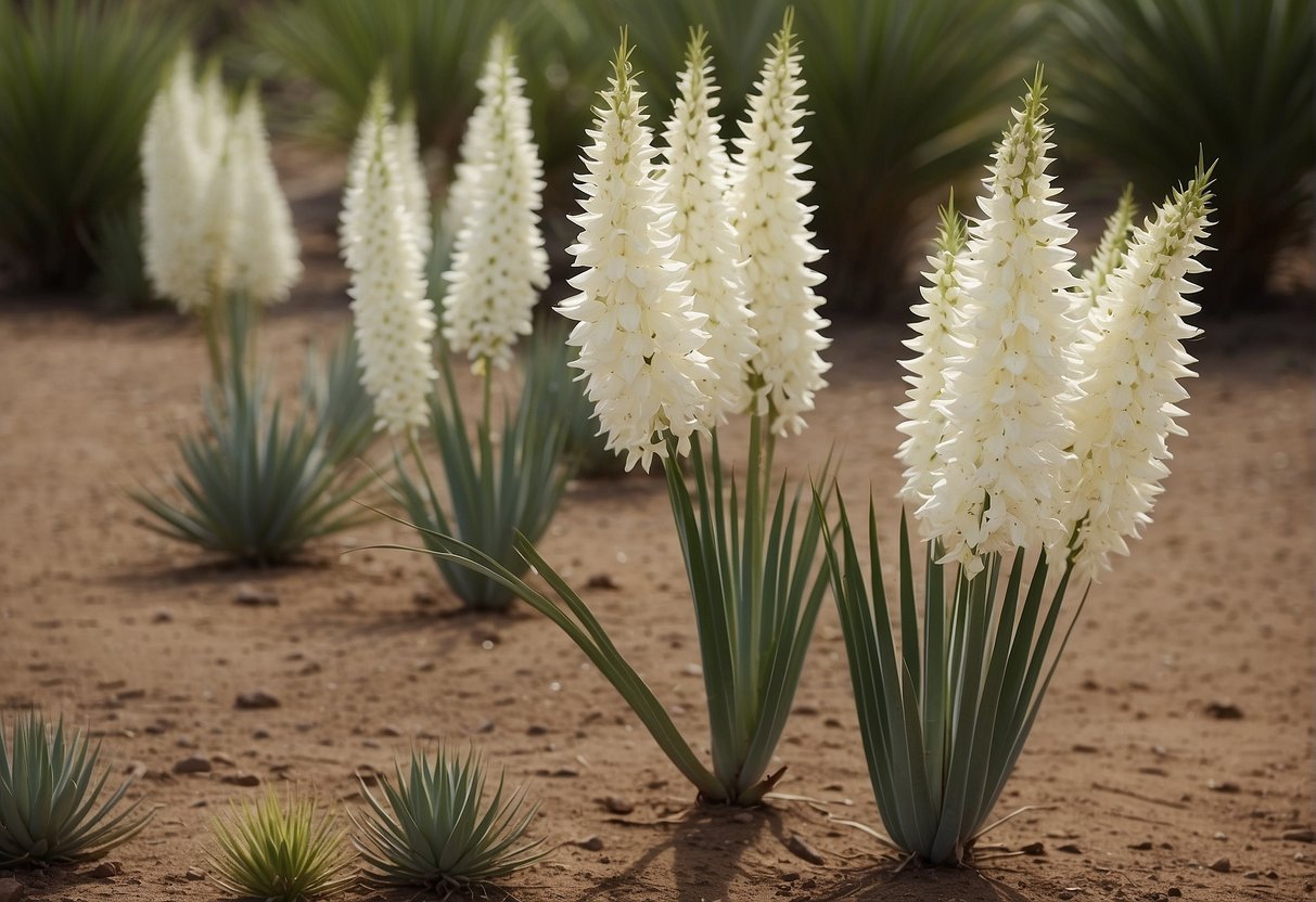 Yucca plants grow in arid regions of North and Central America. They have long, sword-shaped leaves and produce tall, white flowers. They are used for landscaping and as a source of food and medicine