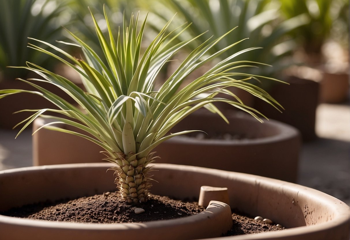 A yucca plant sits in a well-drained pot, placed in bright indirect sunlight. The soil is dry before watering, and the plant is fed with a balanced fertilizer every few months