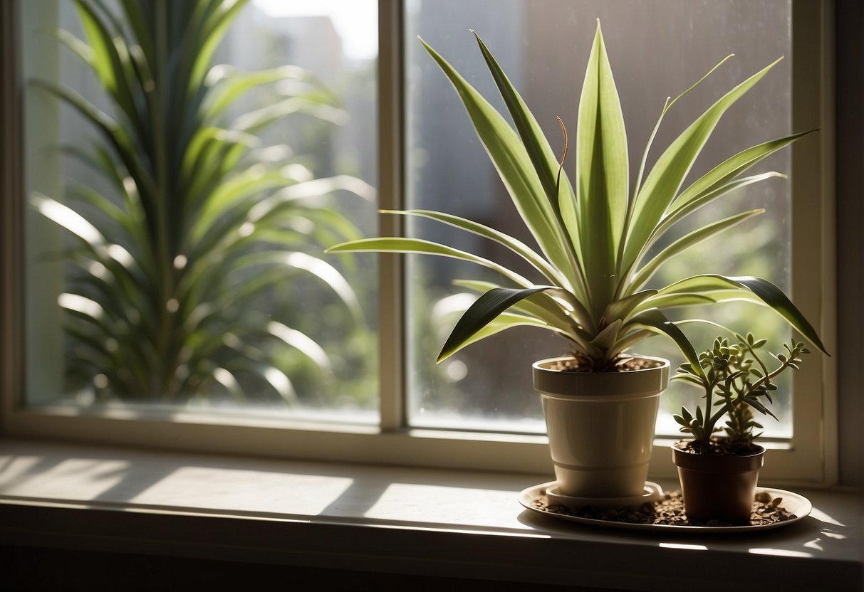 A yucca plant sits in a sunny room, watered sparingly and placed near a window for adequate sunlight. Pruned dead leaves litter the surrounding soil, and a small dish of fertilizer sits nearby