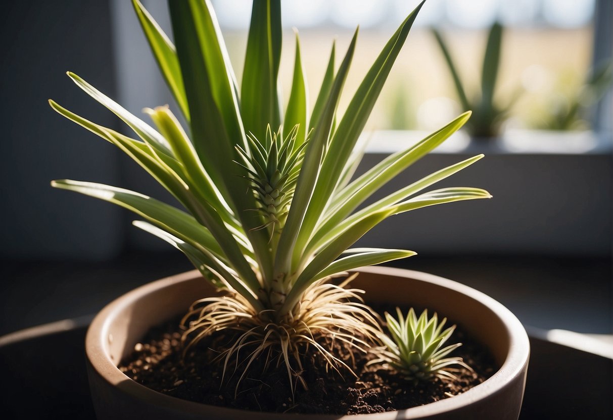 A yucca plant thriving in a well-lit room with indirect sunlight, placed in well-draining soil, and watered sparingly to prevent root rot