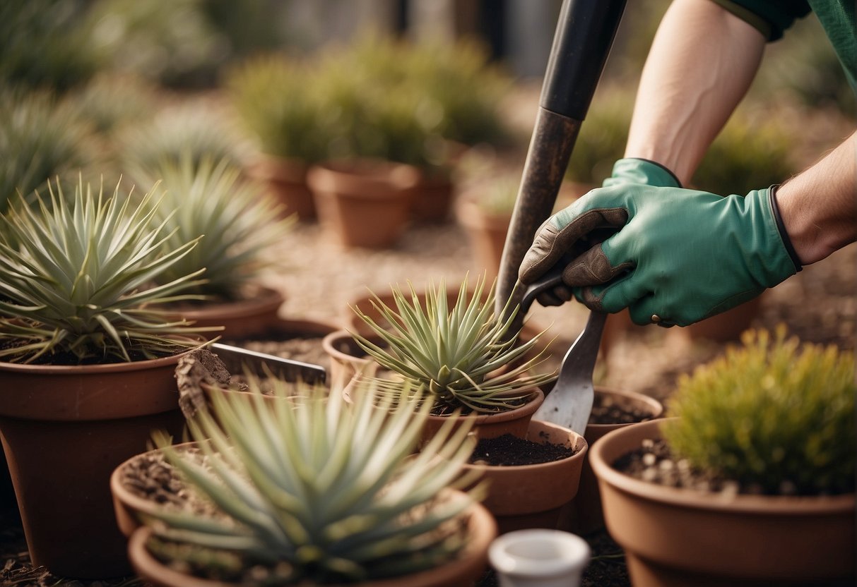 Red yucca plants being carefully divided with a sharp gardening tool. Roots and stems are separated into new pots