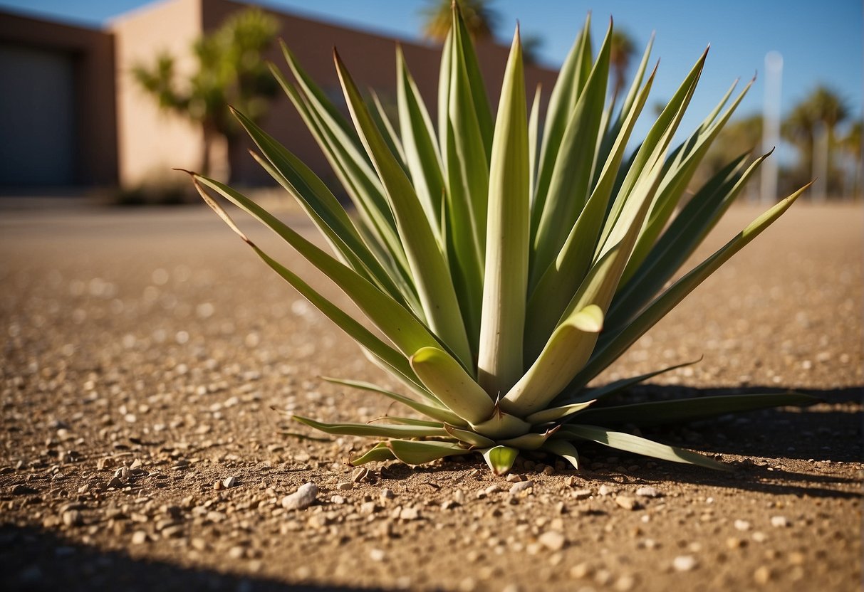 A yucca plant basks in bright sunlight, casting a long shadow on the ground. The leaves are vibrant green, soaking in the warm rays