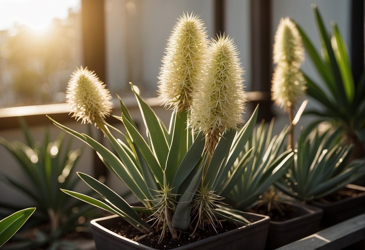 A yucca plant thrives in various light settings: bright, indirect, or low light. A sunny window, shaded area, or artificial grow light can be depicted