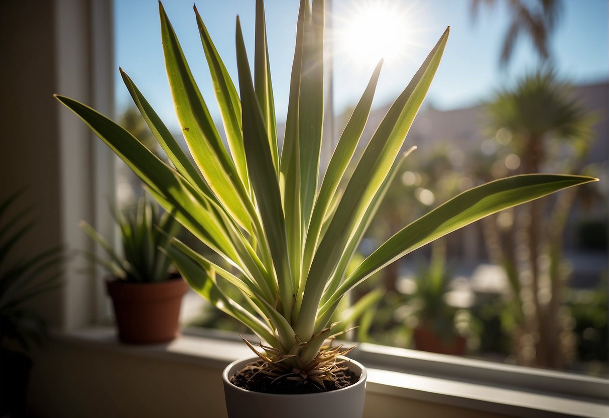 A yucca plant sits by a bright window, basking in the sunlight. The rays illuminate its green leaves, casting shadows on the surrounding surface
