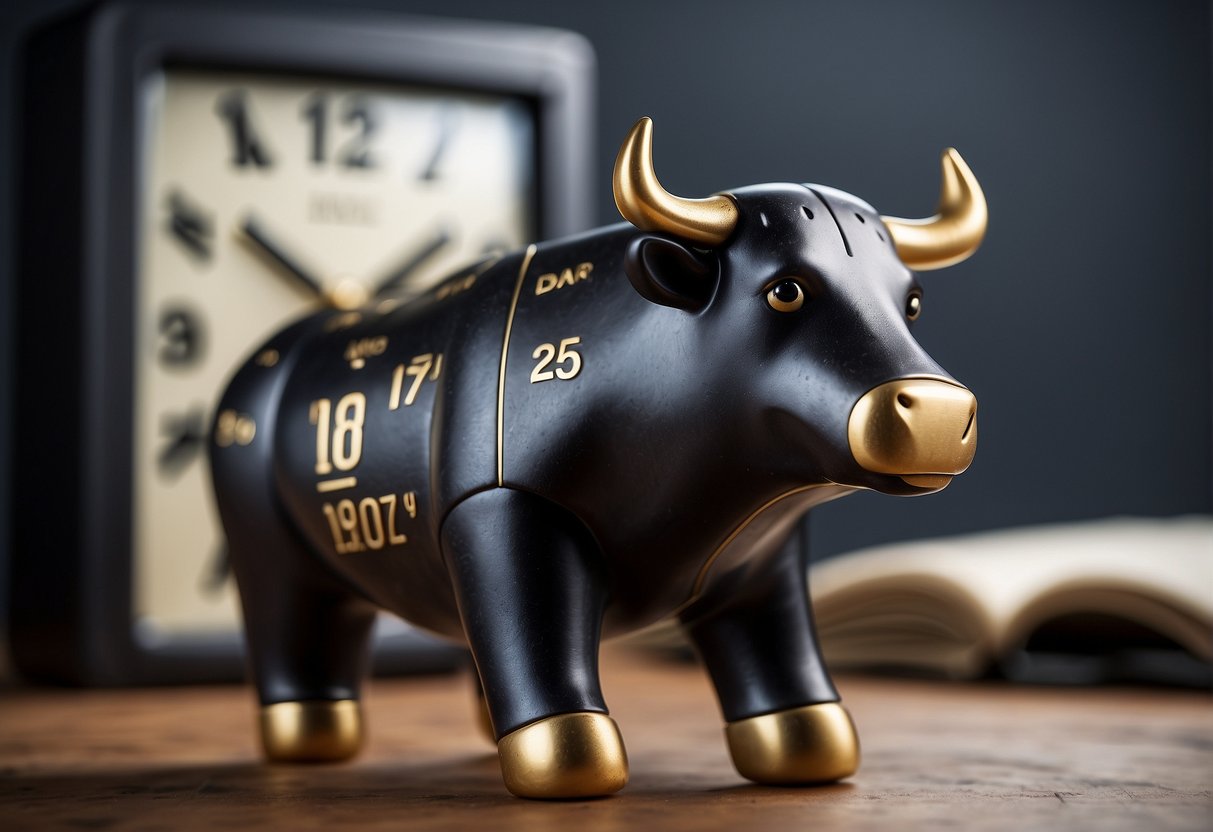 A clock with a bull and bear on either side, representing the stock market. A calendar with dates circled, showing attempts at market timing