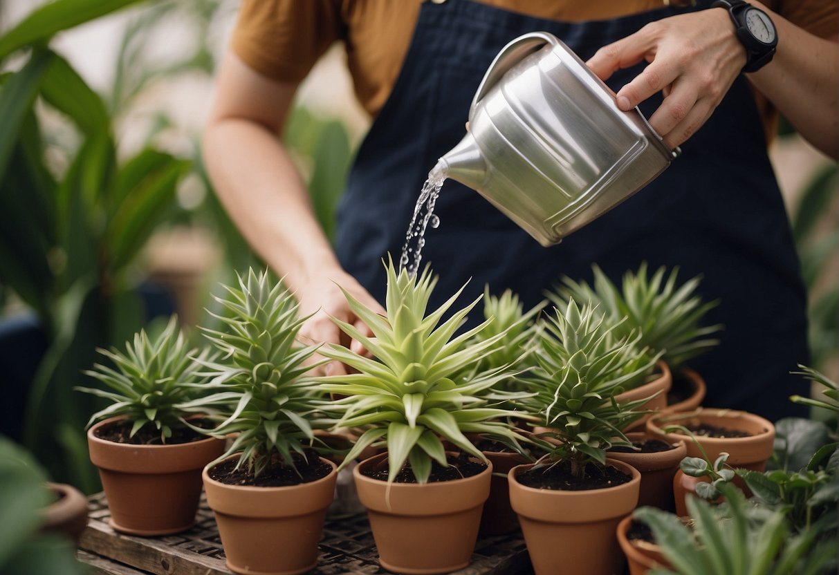 A person pouring yucca extract into a watering can, surrounded by potted plants