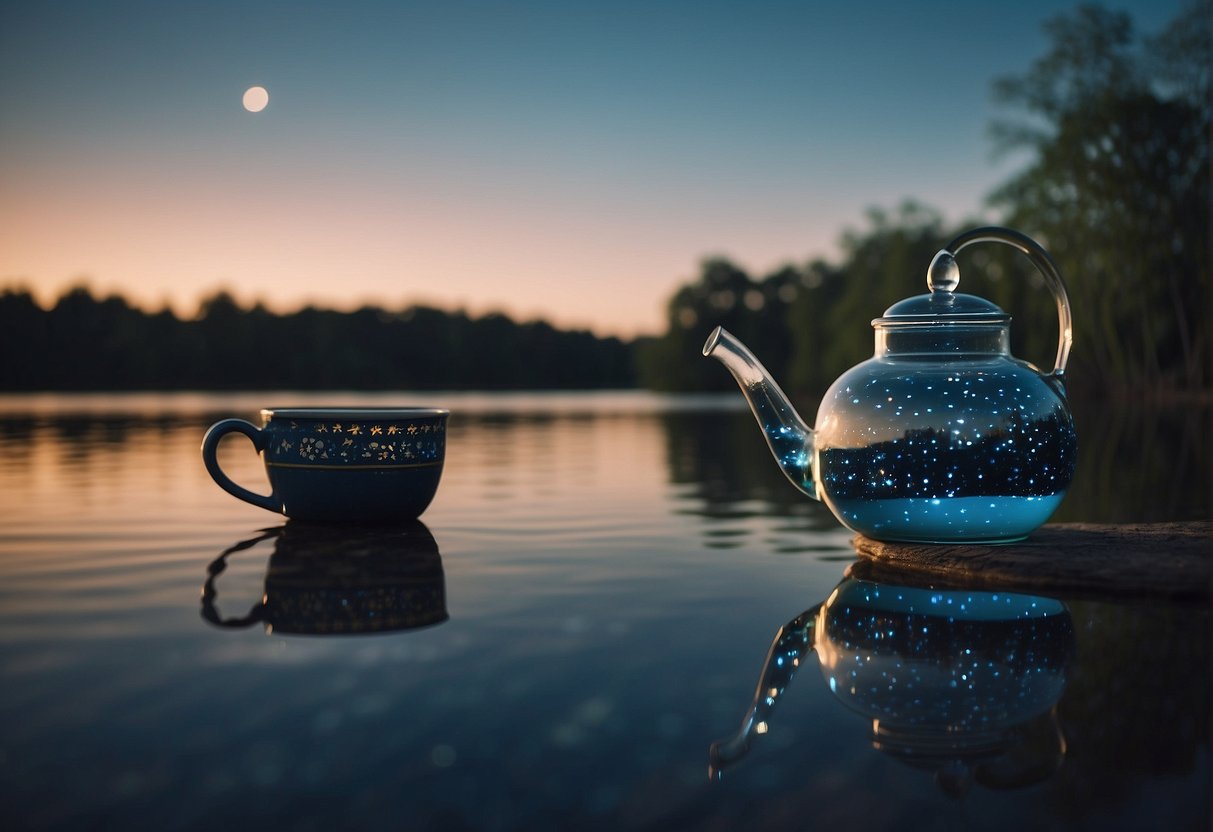 Aquarius monthly horoscope March 2024: A tranquil lake reflects the starry night sky, while a figure pours water from a jug, symbolizing the Aquarian sign