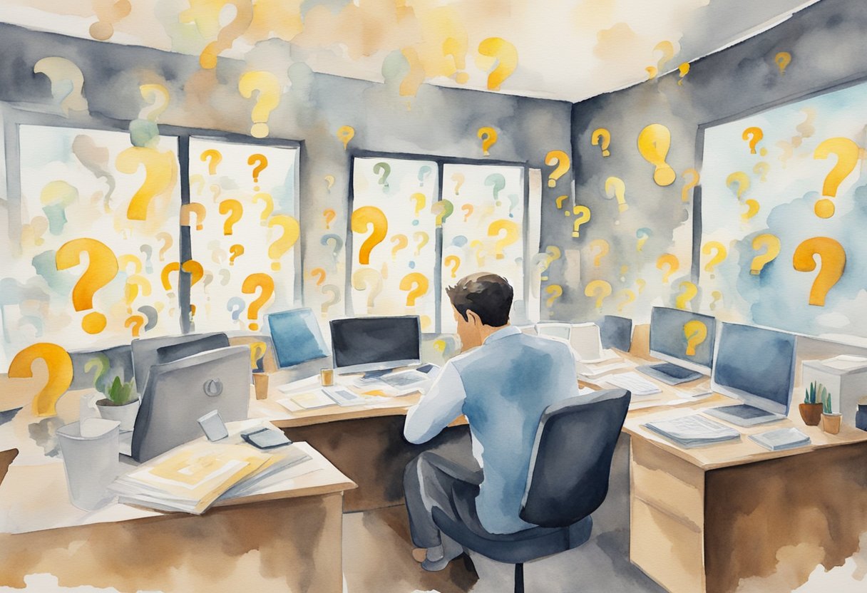 A person surrounded by question marks in a new office, feeling overwhelmed and doubting their abilities