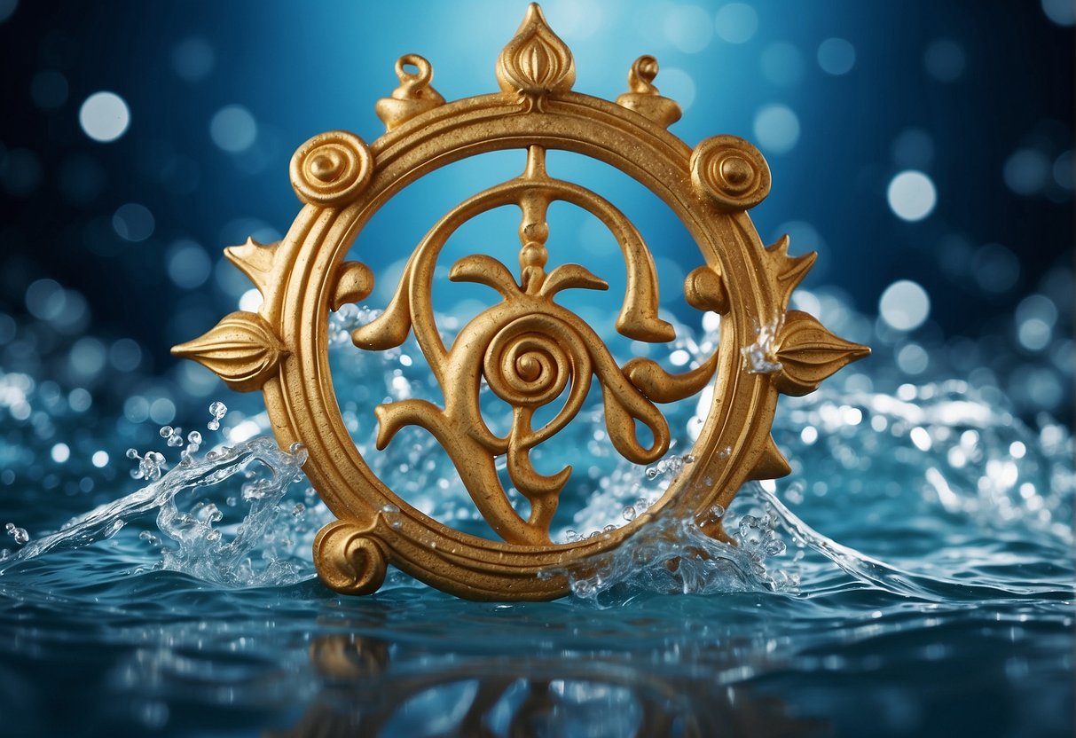 An Aquarius symbol surrounded by swirling water and celestial elements, representing career predictions for March 2024