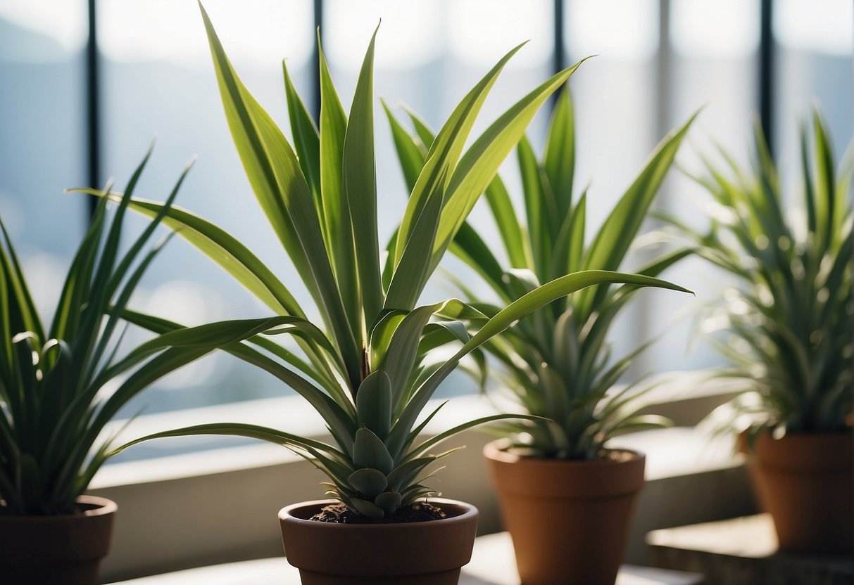 A yucca plant grows tall indoors, reaching towards the sunlight, with long, slender leaves and a sturdy, upright stem