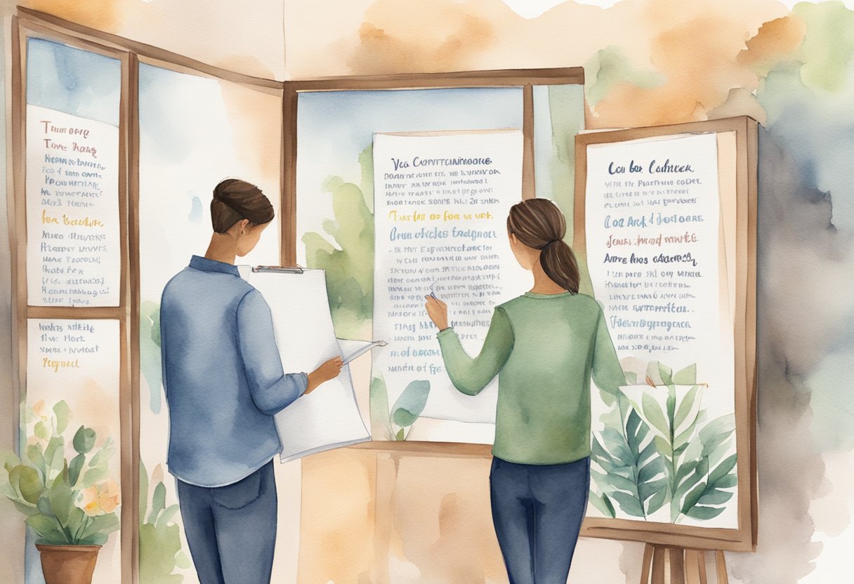 A person standing confidently in front of a mirror, surrounded by positive affirmations and motivational quotes. They are holding a list of their accomplishments and skills, ready to tackle their new job with confidence