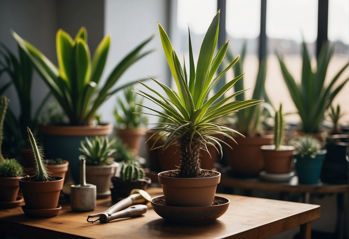 A yucca plant grows tall indoors, needing repotting. Multiple stems emerge from the base, with long, sword-shaped leaves. The plant is surrounded by gardening tools and a pot ready for repotting