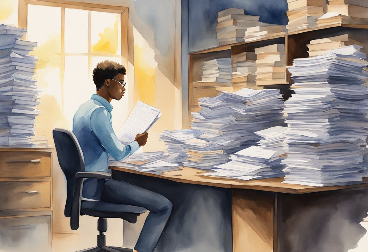 A new employee surrounded by piles of paperwork, looking overwhelmed yet determined to succeed. A shadow of doubt looms overhead, but a ray of confidence shines through