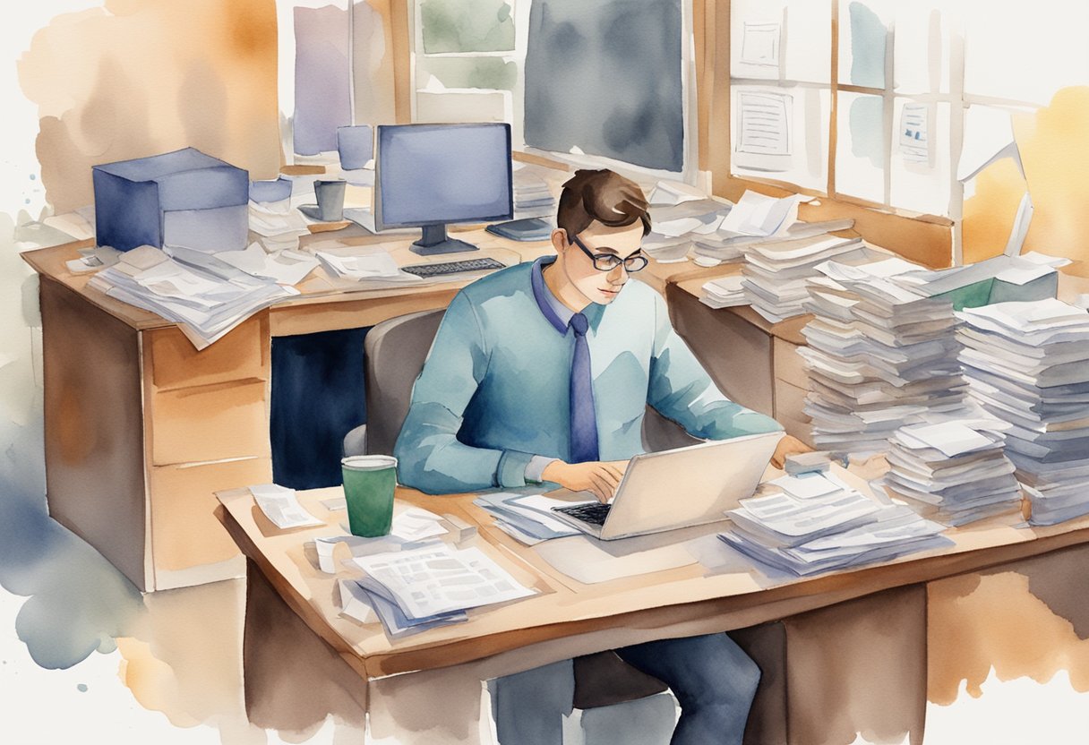 A person sits at a desk, surrounded by scattered papers and a computer. They appear overwhelmed, with a furrowed brow and tense posture, as they try to navigate their new job while battling imposter syndrome