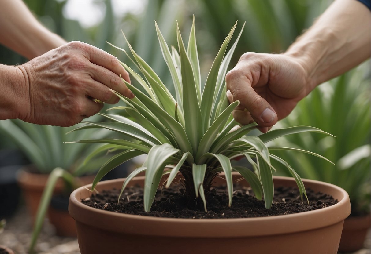 A pair of hands repotting a yucca plant into a larger pot, adding fresh soil and gently patting it down. Then, watering the plant until the soil is moist but not waterlogged
