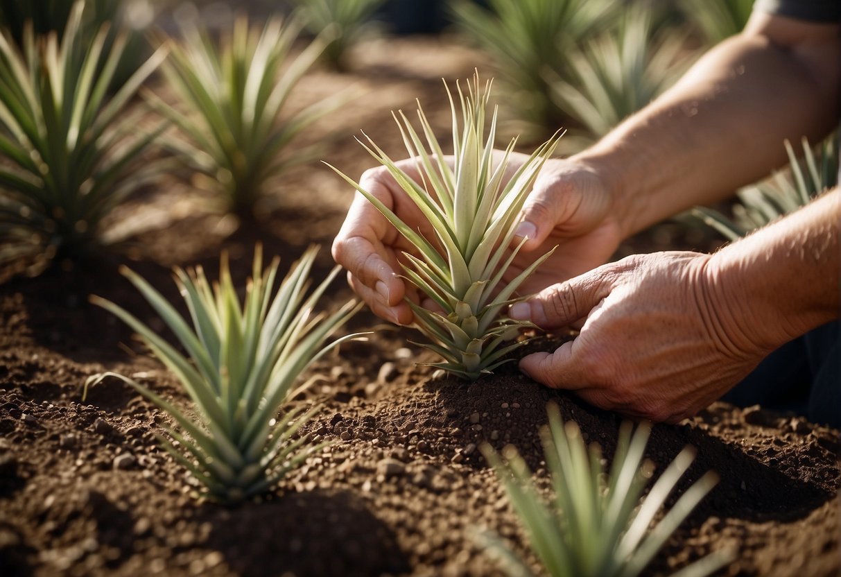 A pair of hands carefully tending to a yucca plant in well-draining soil, ensuring it receives plenty of sunlight and water