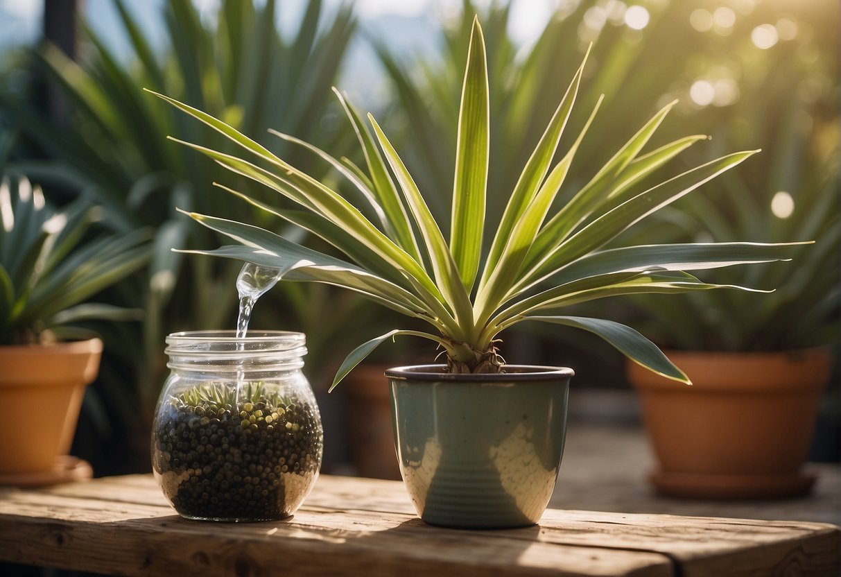 A yucca plant being watered and placed in a well-lit area, with a small container of fertilizer nearby