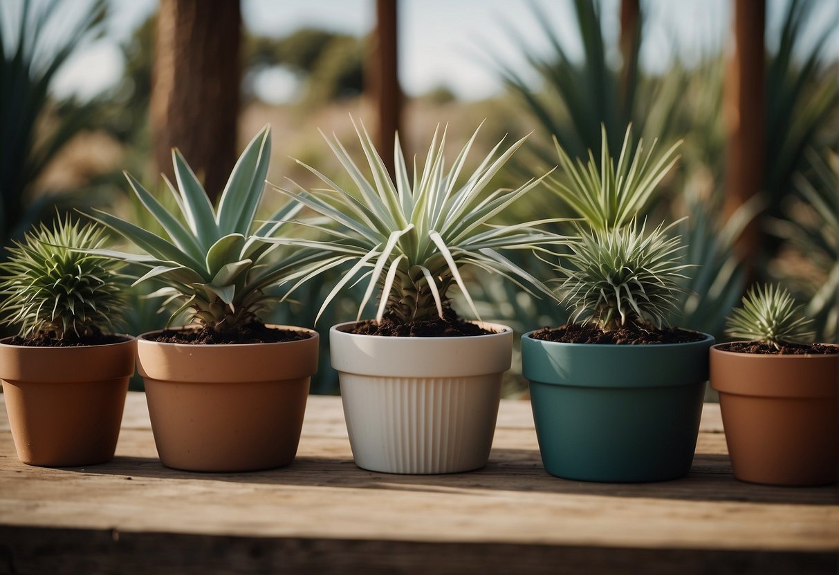 Yucca plants being divided with a sharp knife and potted in separate containers