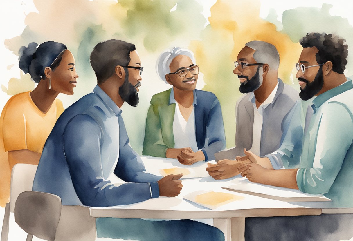 A group of diverse individuals engage in a lively discussion, displaying empathy, understanding, and effective communication. Non-verbal cues such as eye contact and body language are evident, showcasing the nuances of social intelligence