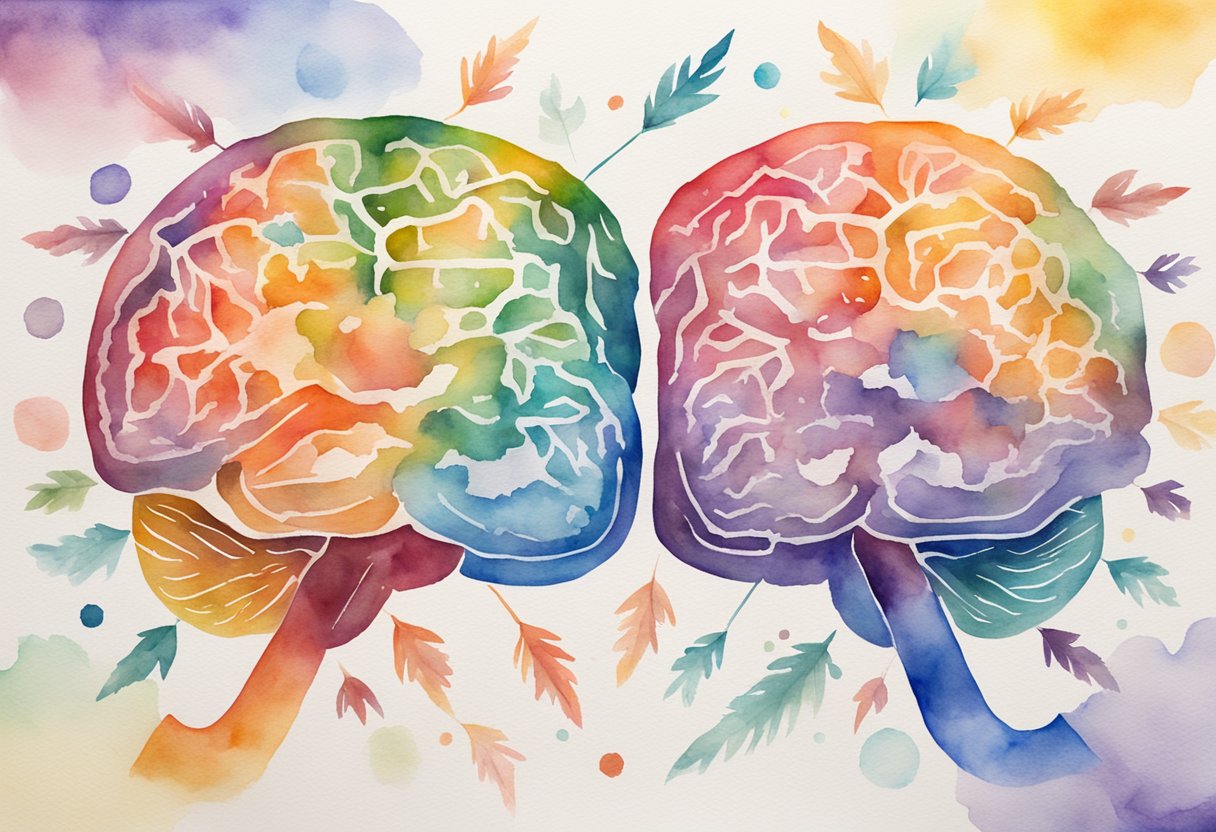 Two interconnected brains with arrows showing the exchange of emotions and social cues, surrounded by words like empathy, understanding, and communication