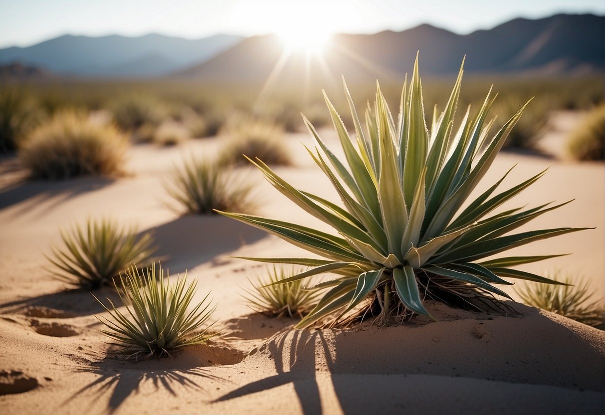 A desert landscape with yucca plants growing out of sandy soil under a bright sun