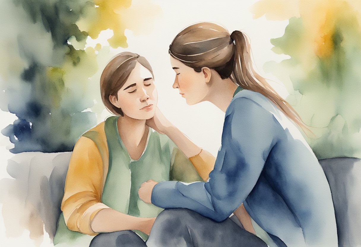 A person comforting a friend who is visibly upset, showing empathy and understanding. The two are engaged in deep conversation, demonstrating emotional and social intelligence