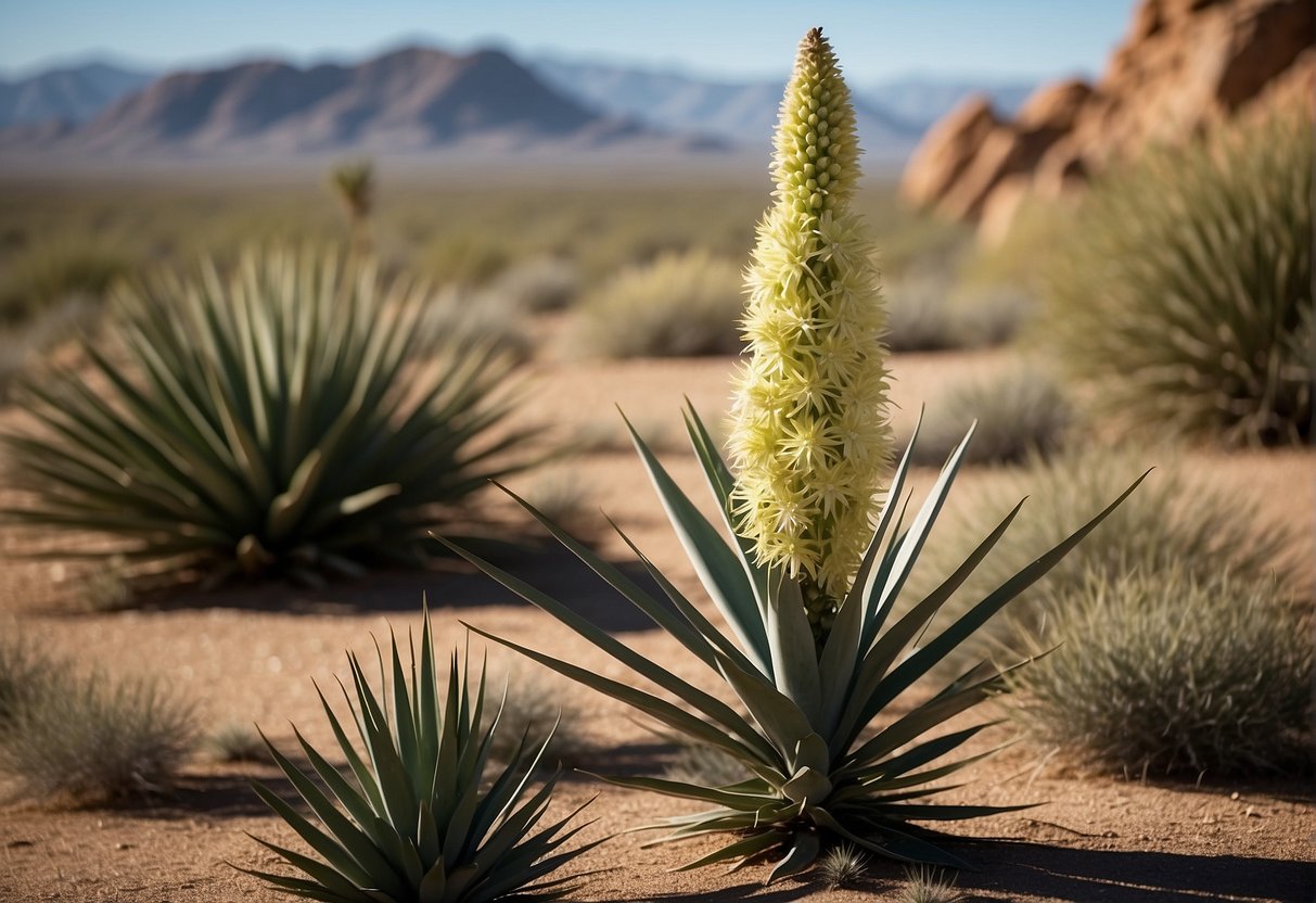 Yucca plants, native to the Americas, stand tall in a desert landscape, with long, sword-like leaves and a towering flower spike