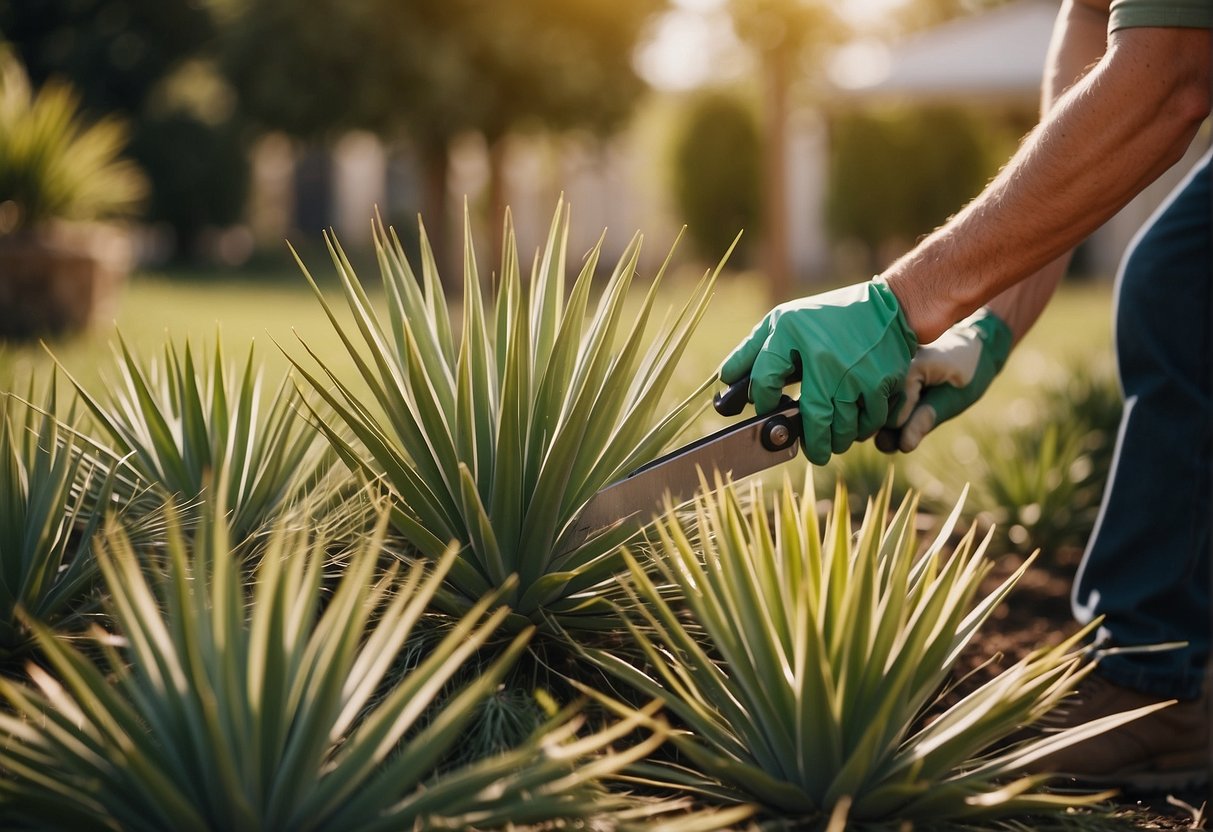 Yucca plants being trimmed with gardening shears in a sunny outdoor setting