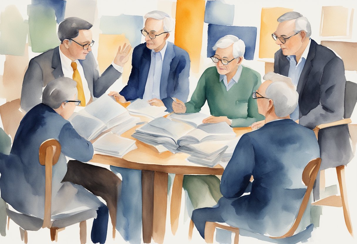 A group of influential theorists engage in a lively discussion about emotional intelligence and social intelligence, surrounded by books and research papers