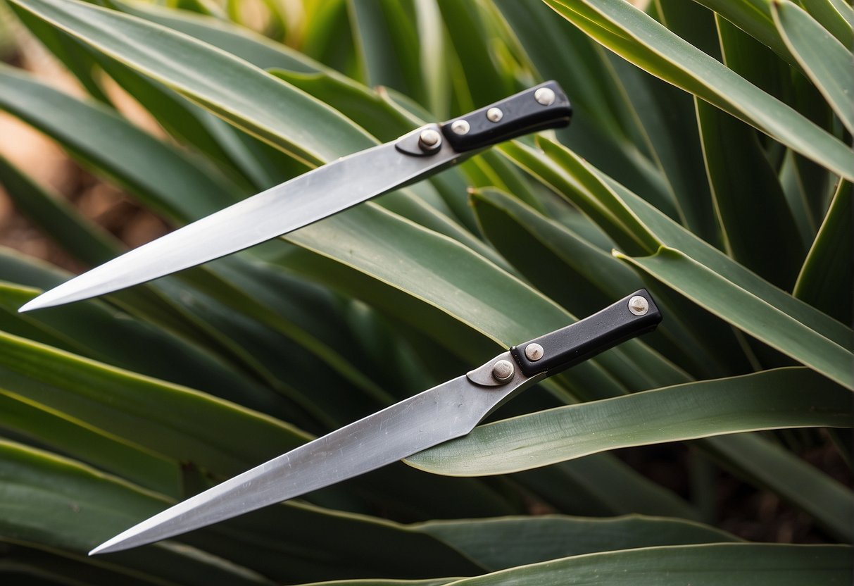 A pair of gardening shears trims back the long, sword-like leaves of a yucca plant, creating a neat and tidy appearance