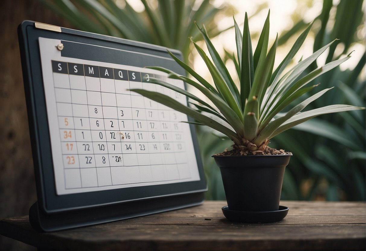 A yucca plant with overgrown leaves, surrounded by question marks and a calendar indicating the changing seasons