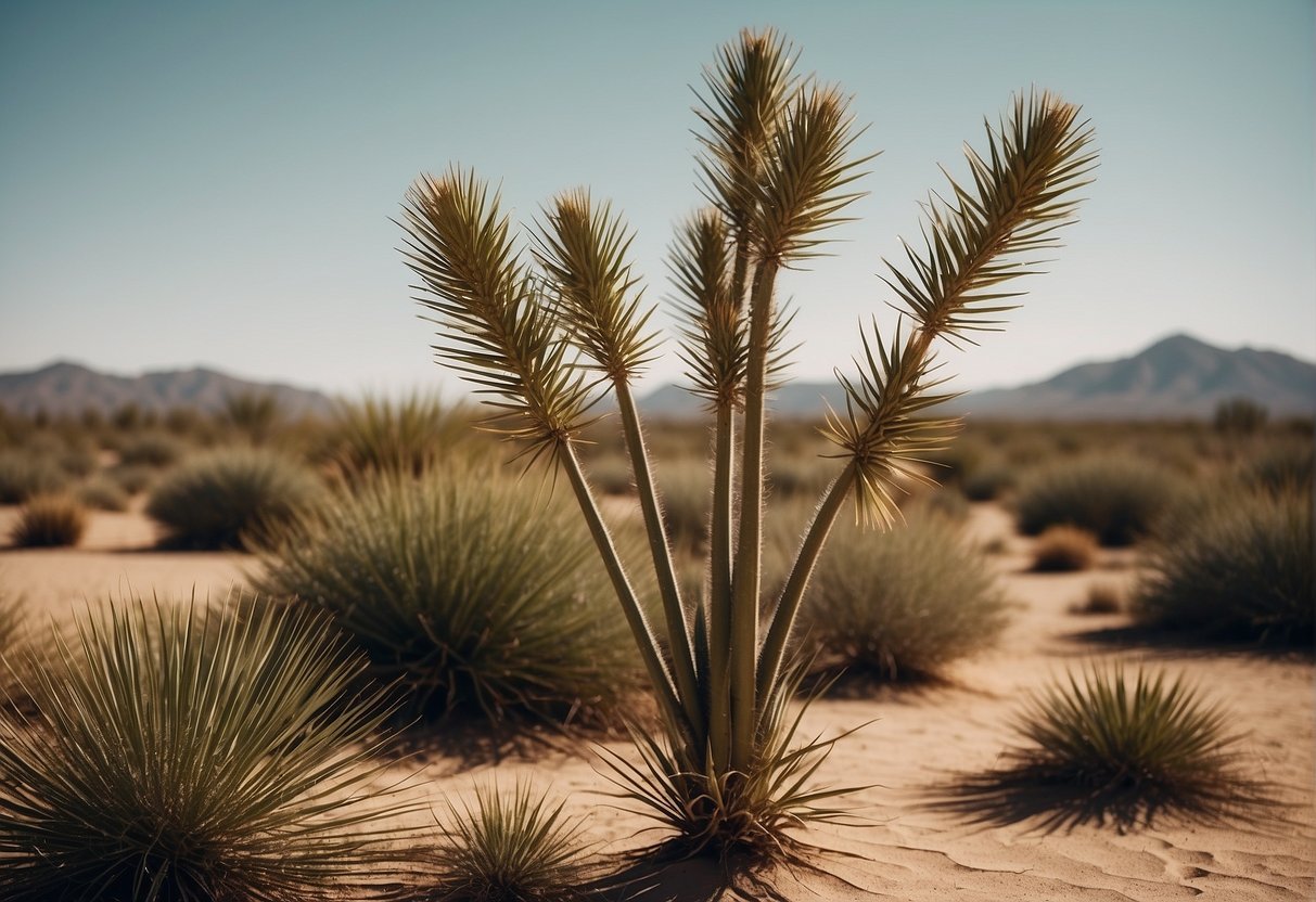 A desert landscape with sandy soil and sparse vegetation. A few yucca plants stand tall, their long, sword-like leaves reaching towards the sky