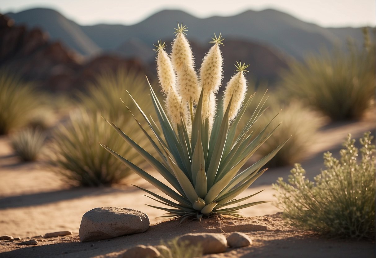 A yucca plant sits in a sandy desert, surrounded by rocks and cacti. The sun shines down on the plant, while a gentle breeze blows through the arid landscape