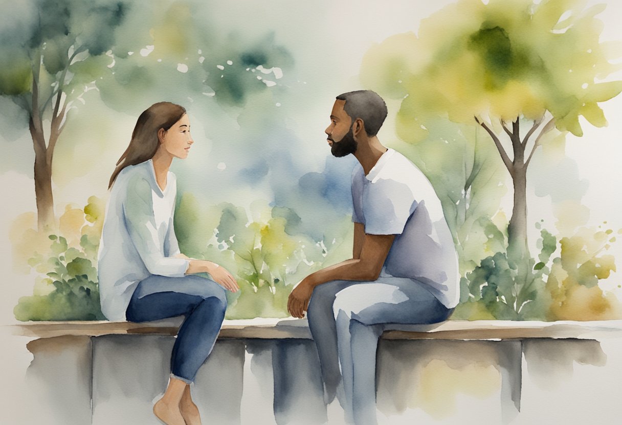 Two individuals engaged in a deep conversation, showing empathy and understanding towards each other's emotions and thoughts