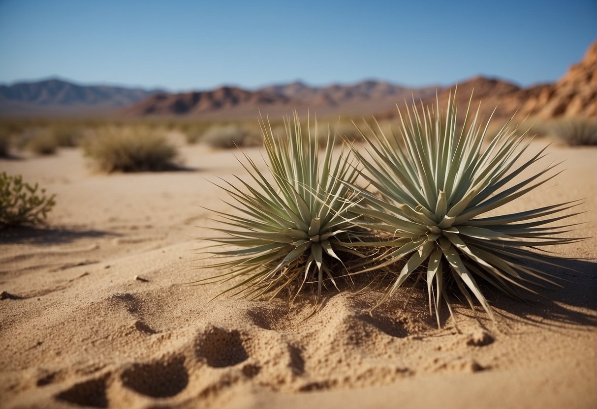 A desert landscape with sandy soil and scattered yucca plants under a clear blue sky