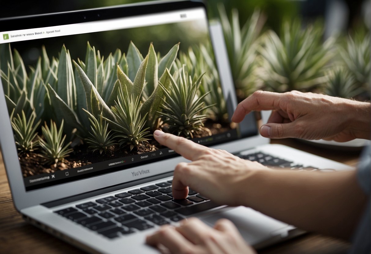 A person clicks "order" on a website, selecting yucca plants from a variety of options