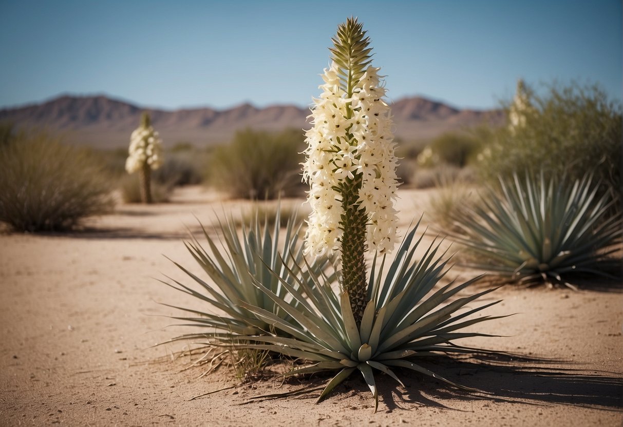 Yucca plants stand tall in the arid landscape of Roswell, their long, sword-like leaves reaching towards the sky. The spiky, white flowers of the yucca plant contrast against the dry, sandy soil